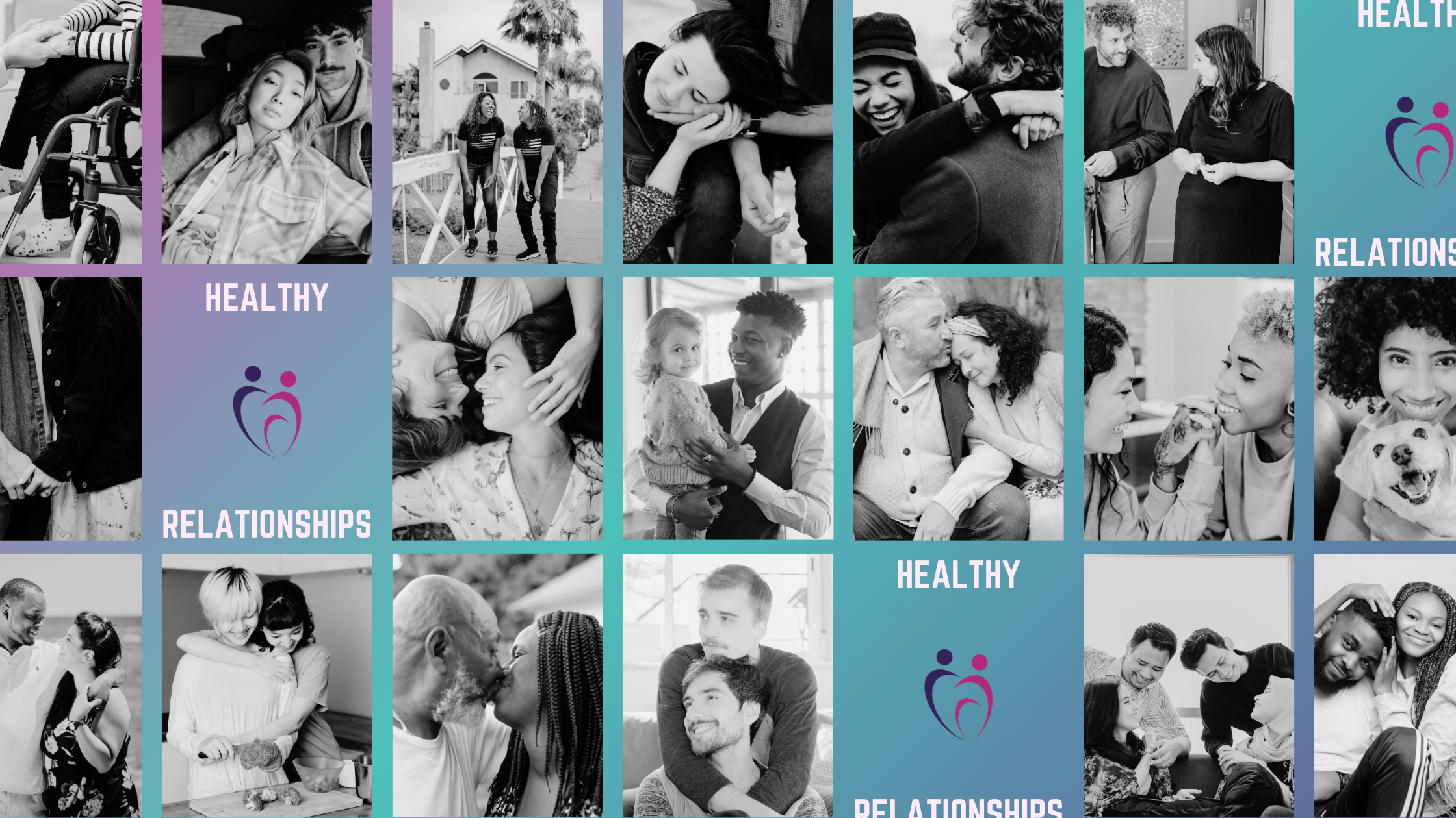 Black and white images of various types of couples demonstrating healthy relationships, diverse images.