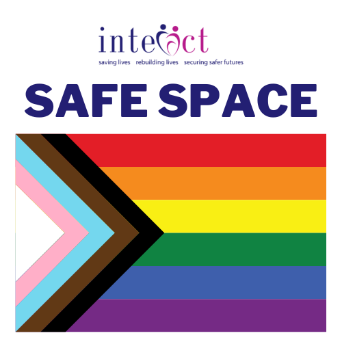 LGBTQ+ Flag InterAct logo Safe Space