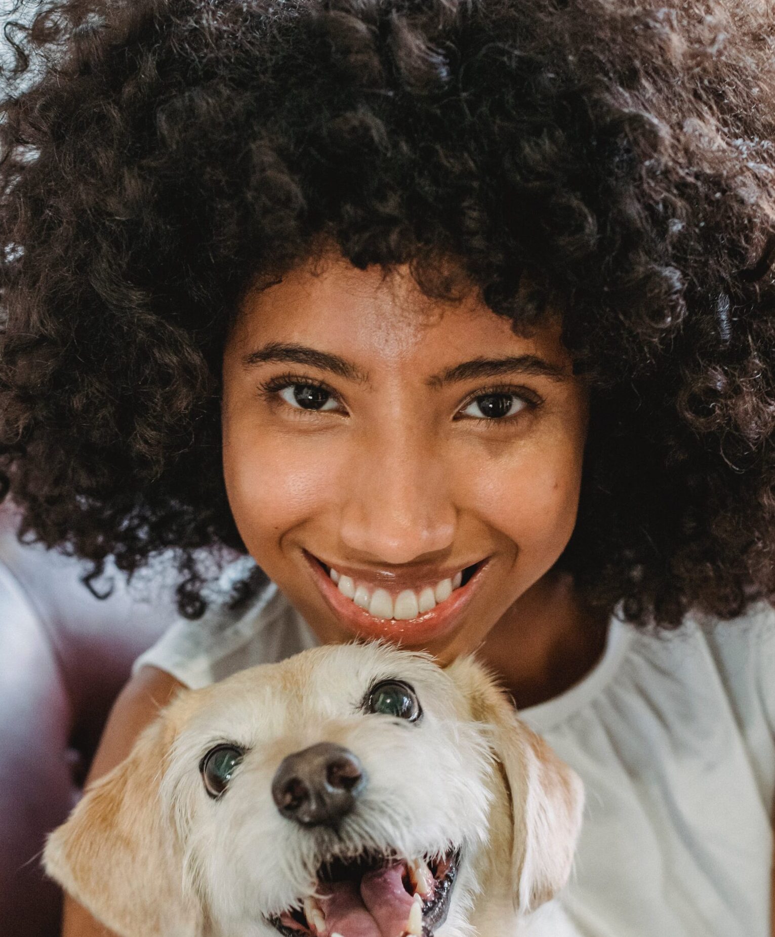 Person with curly hair holding a smiling dog with cream colored hair.