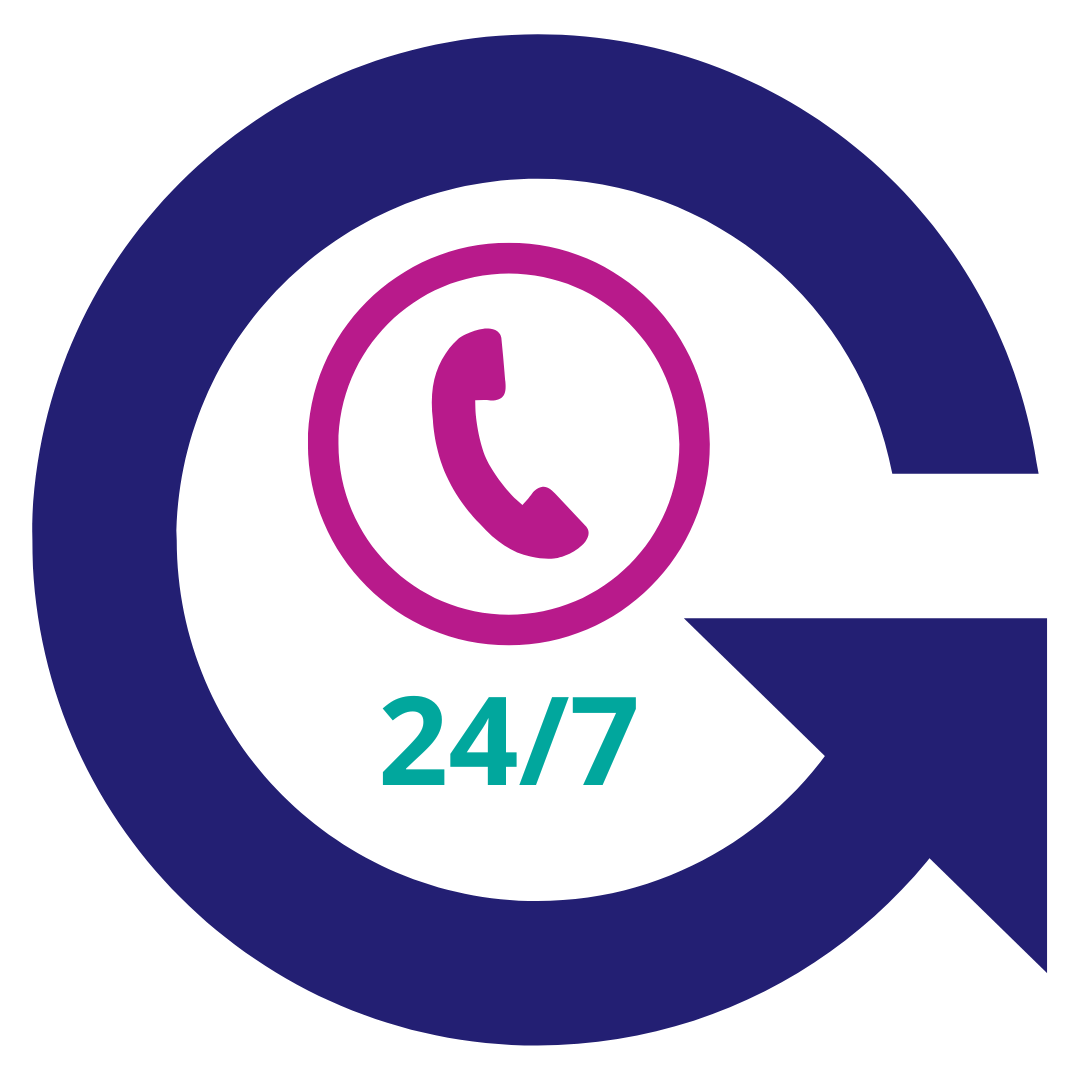 24 7 available phone call at InterAct. Blue circle arrow with pink phone icon.