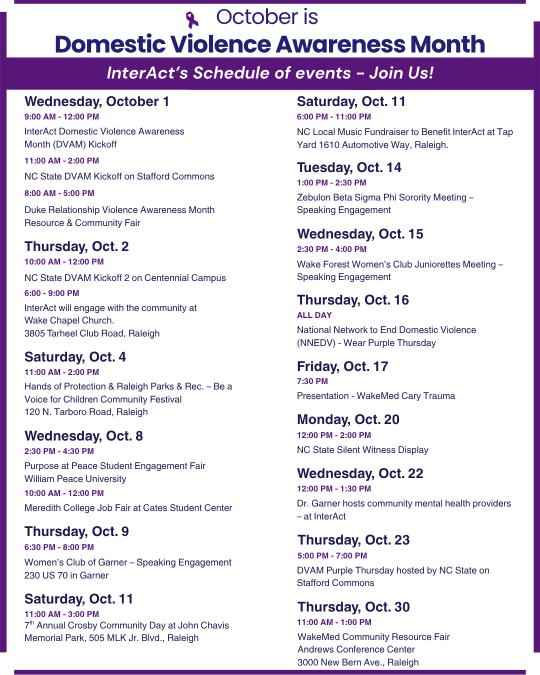 InterAct domestic violence events calendar for October.